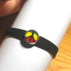 Rasta Color Peace Sign Glass Dome adjustable suede bracelet